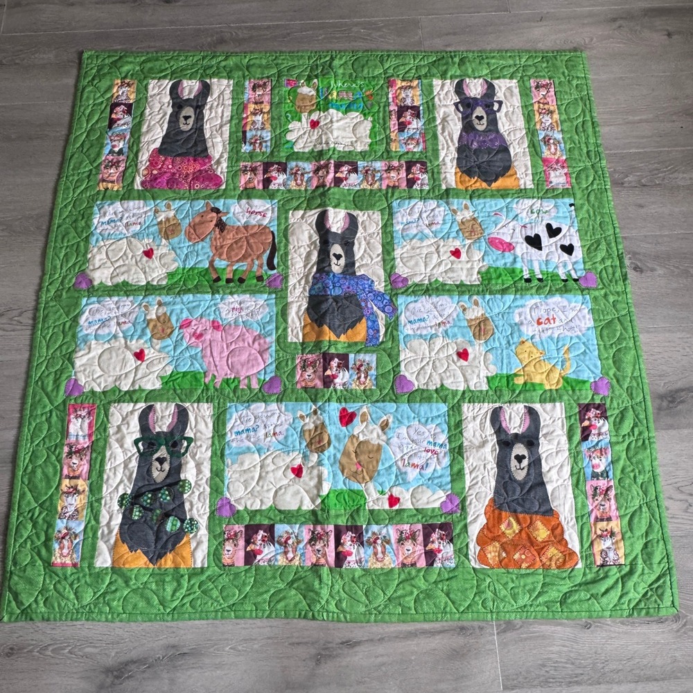 Handmade Llama Animal Nursery Baby Quilt Novelty Green Applique Blanket